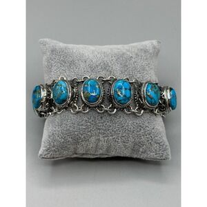 Vintage 925 Sterling Silver Turquoise Bracelet Large Oval Stone Link Boho #1042